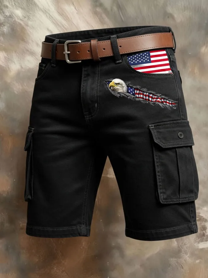 Men'S Retro American Flag Printed Multi Pocket Design Cargo Pants