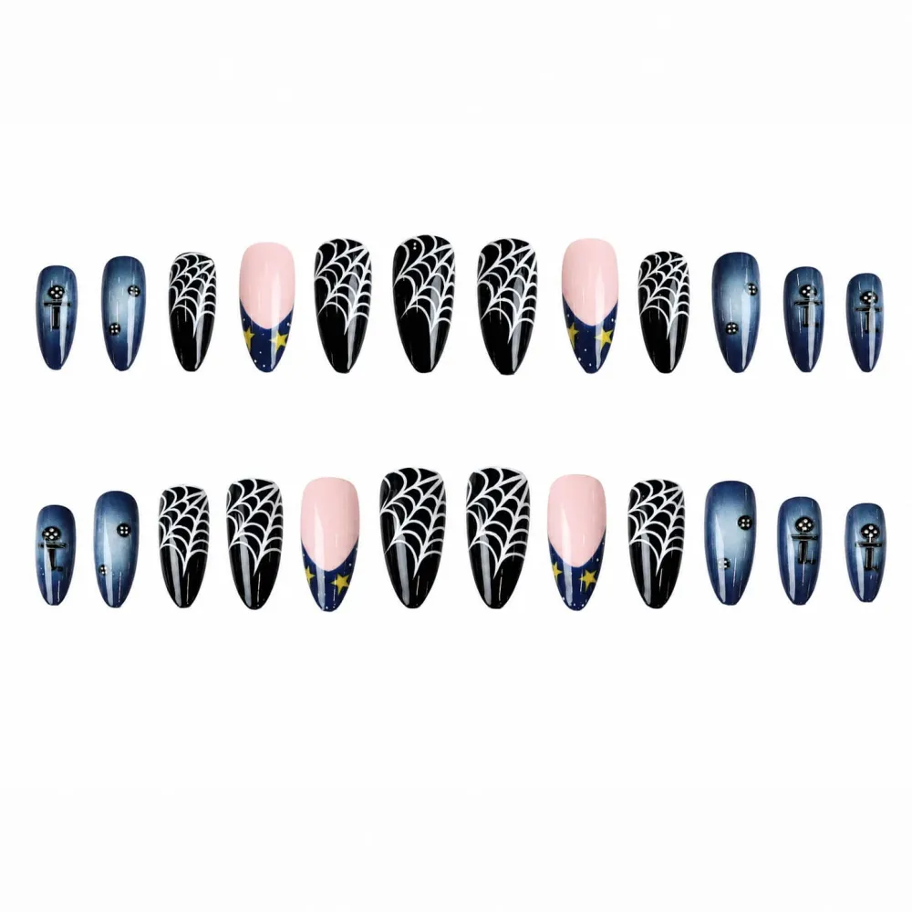Nailhour 24Pcs Halloween Blue French Medium Almond Press On Nails