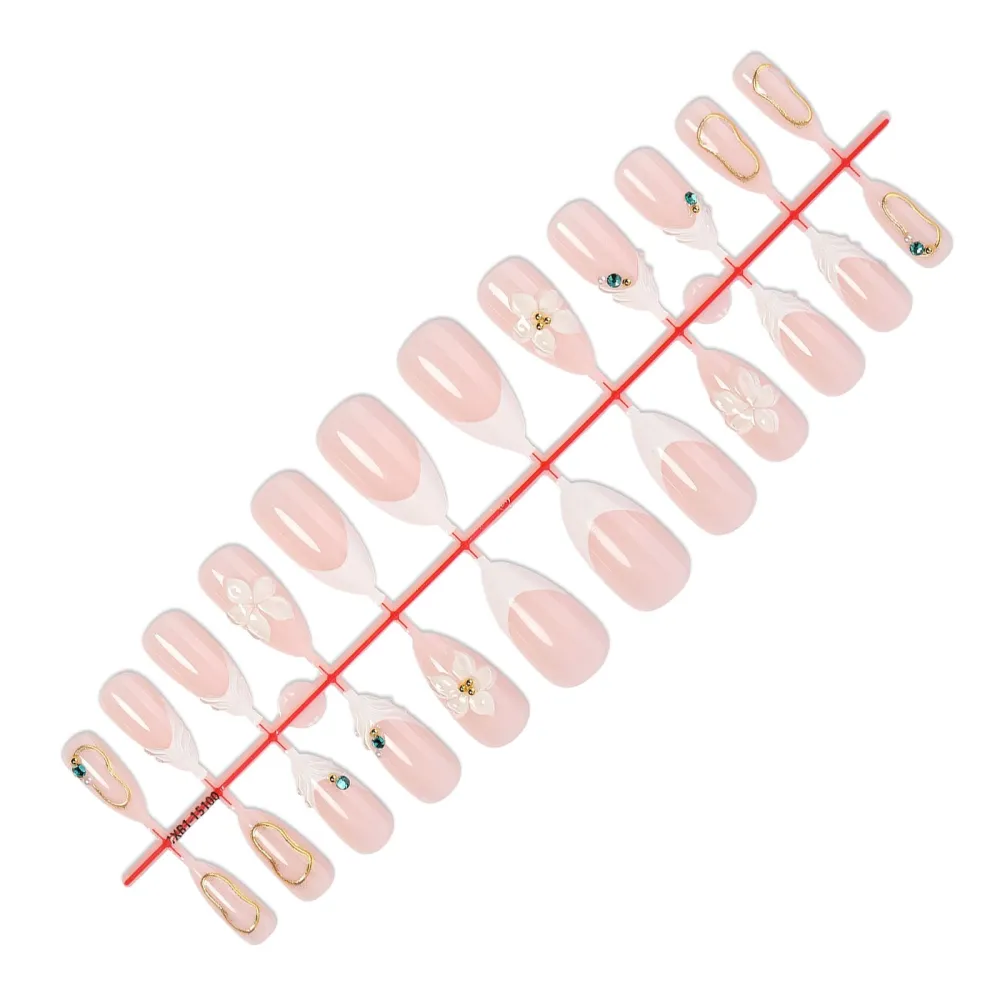 Nailhour 24Pcs Nude Pink 3D Medium Almond French Press On Nails