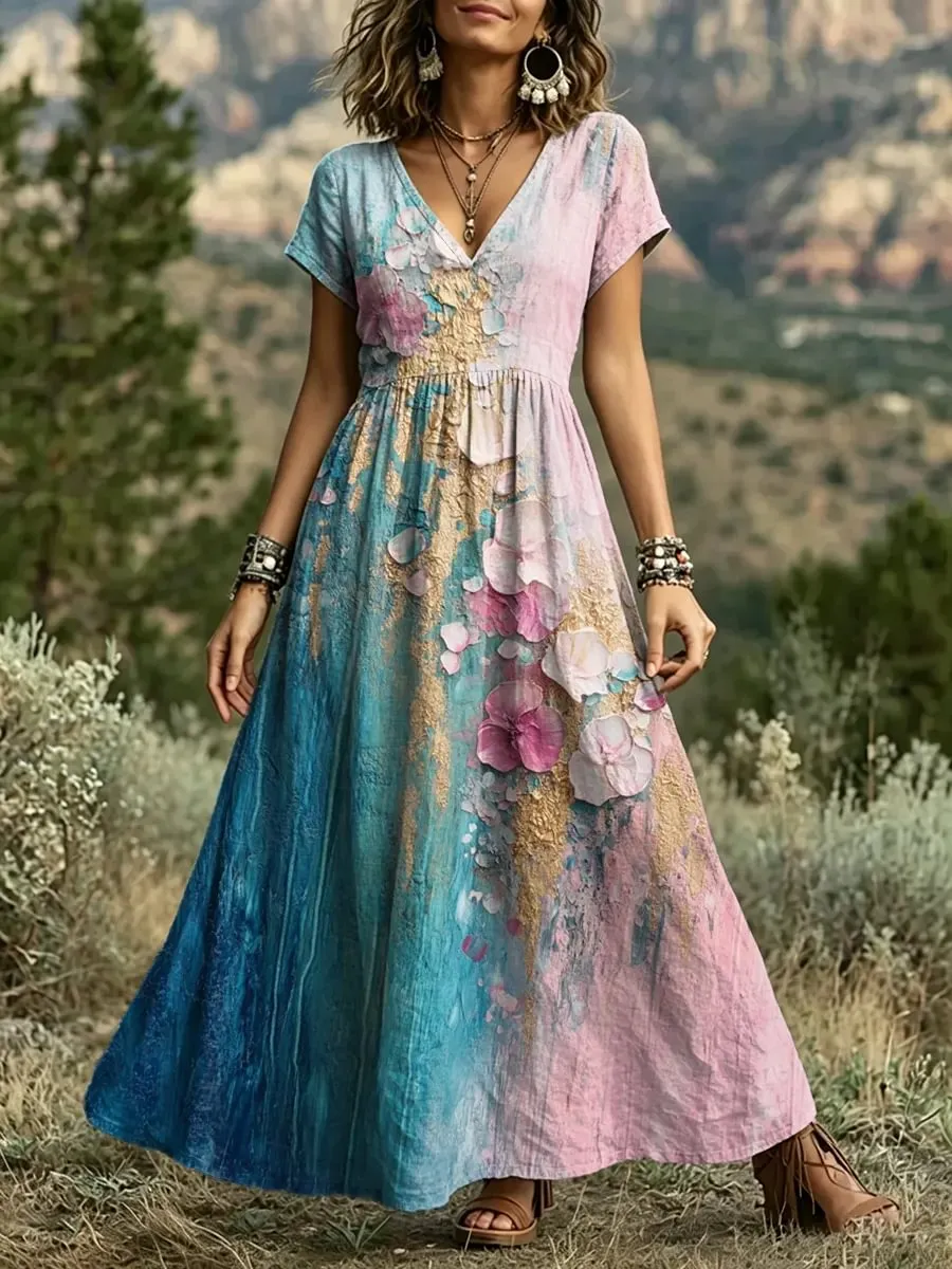 Women'S Gradient Watercolor Petal Printed Cotton V-Neck Long Skirt
