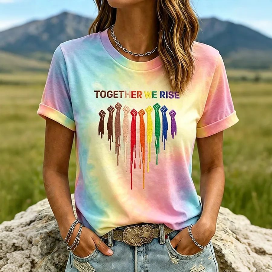 Women'S Together We Rise Rainbow Fist Print Tie Dye Casual T-Shirt