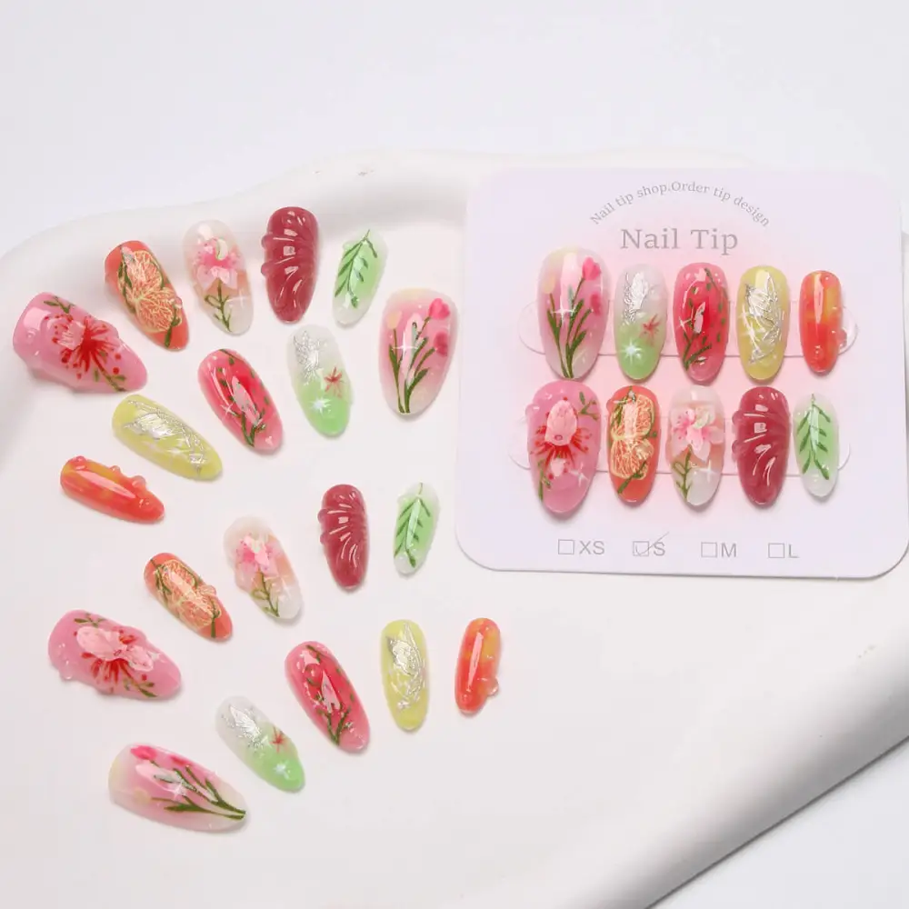 Nailhour 30Pcs 3D Floral Resin Medium Almond Press On Nails