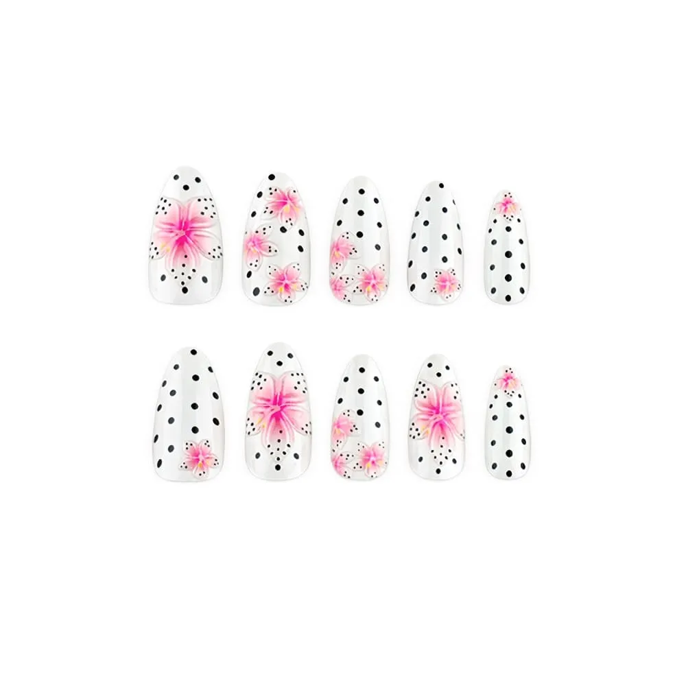 Nailhour 30Pcs Floral Polka Dot Medium Almond French Press On Nails