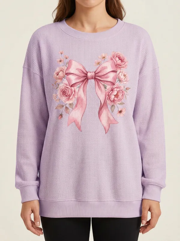 Women's Breast Cancer Awareness Pink Bow Floral Printed Waffle Sweatshirt