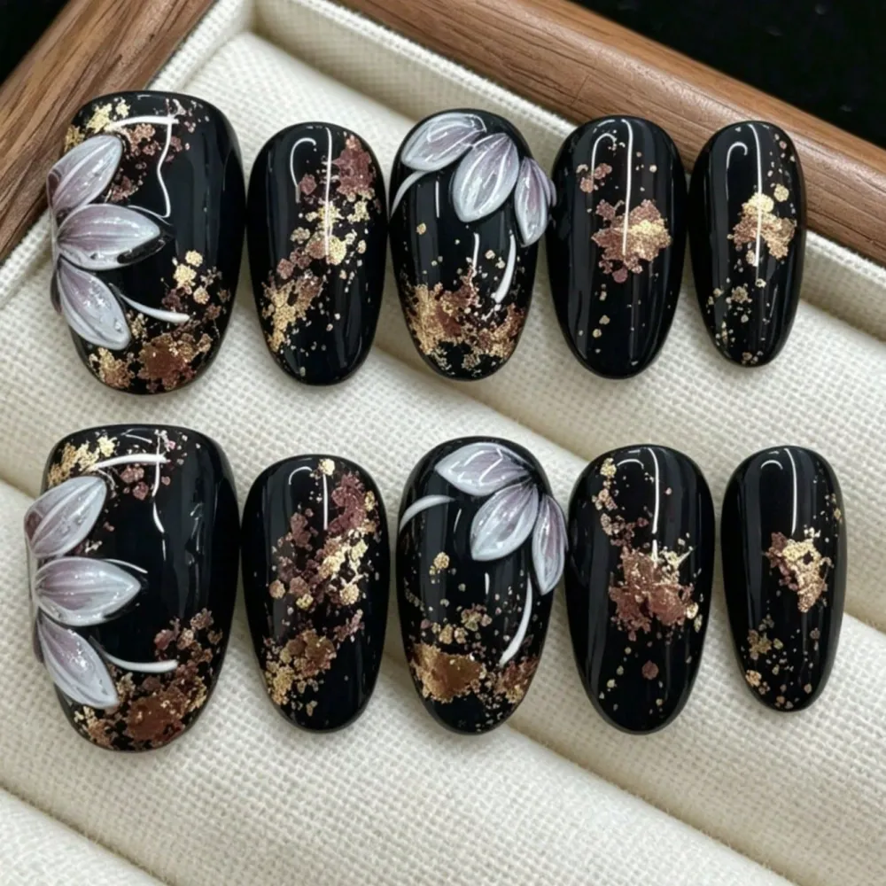 Nailhour 10Pcs Floral Handmade Gilded Medium Black Oval Press On Nails
