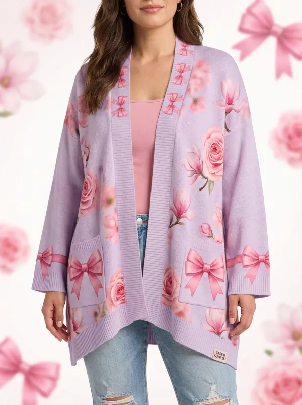 Women's Breast Cancer Awareness Pink Ribbon Rose Printed Cardigan