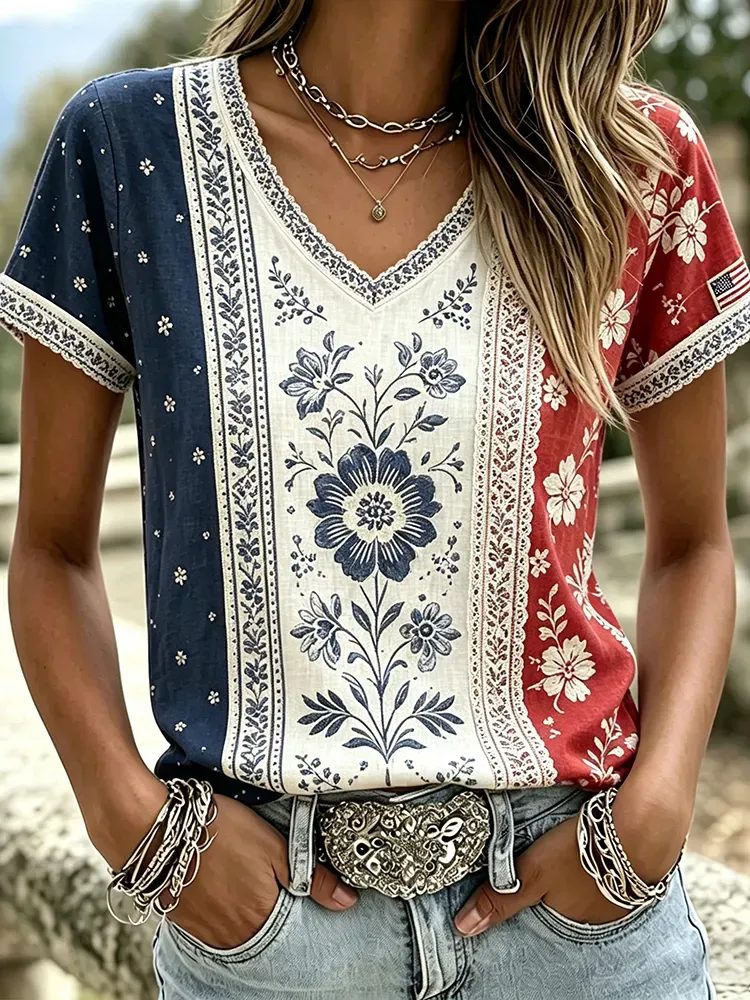 Vintage American Flag Element Pattern Design Casual Linen T-shirt