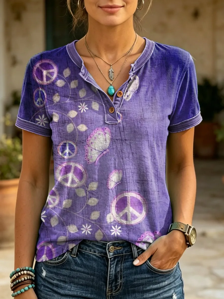 Women's Retro Peace Floral Art Print Casual Short-sleeve Henley Shirt