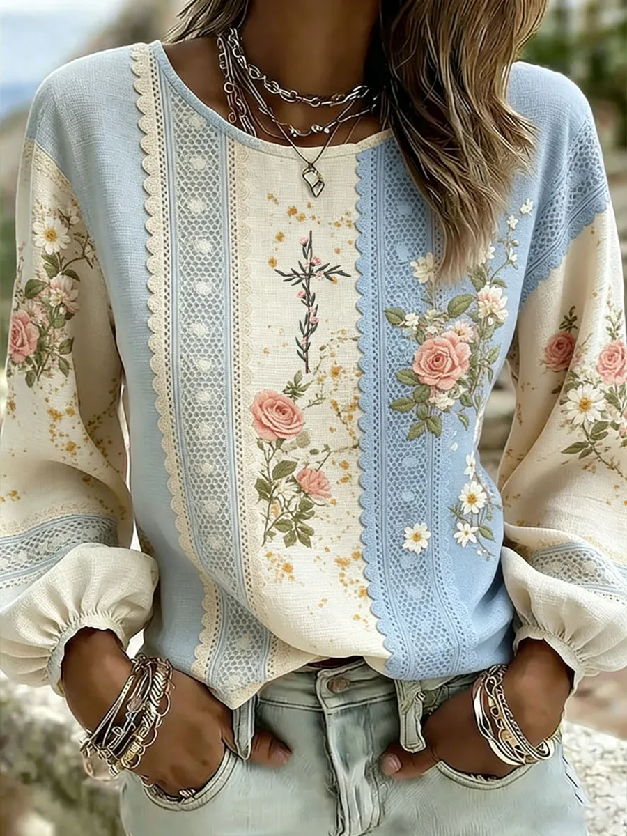Women'S Casual Floral  Faith Print Cotton Linen Top