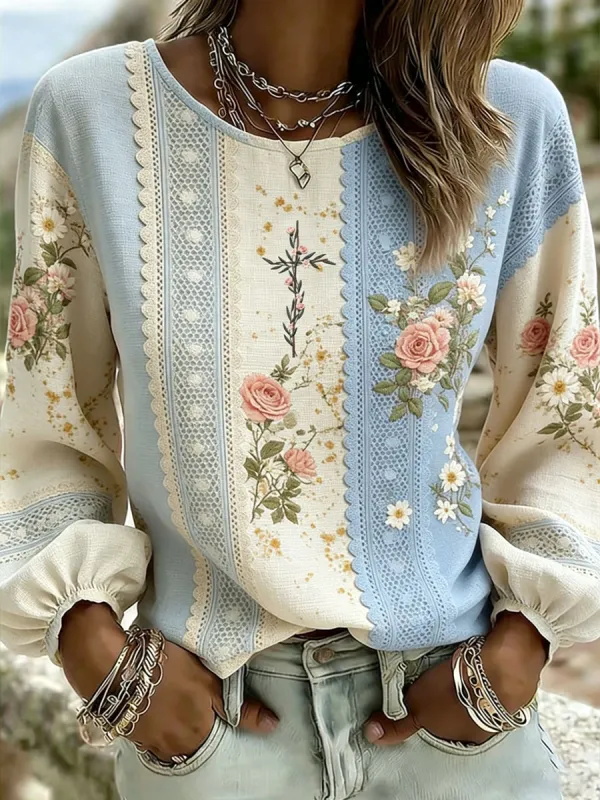 Women'S Casual Floral  Faith Print Cotton Linen Top