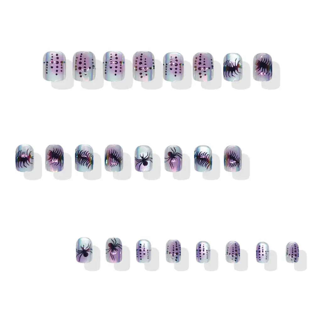 Nailhour 24Pcs Halloween Short Squoval Neon Cobwebs Press On Nails