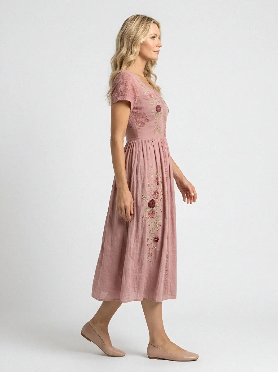 Women's Breast Cancer Awareness Floral Embroidered Printed Dress