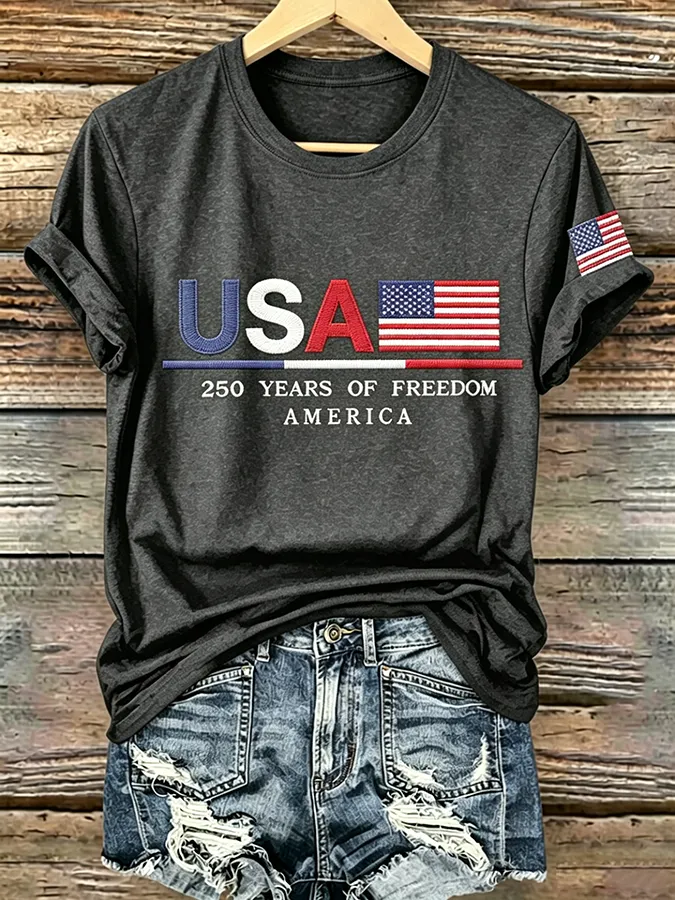 Embroidered Printed Round Neck Short Sleeved T-Shirt Commemorating The 250Th Anniversary Of The United States
