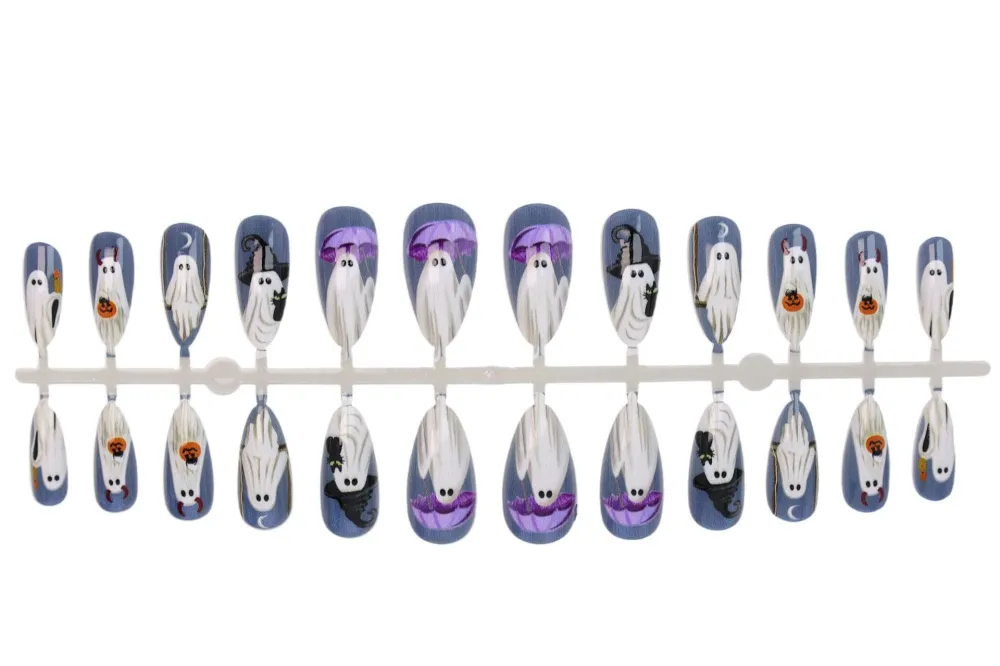 Nailhour 24Pcs Halloween Medium Almond Blue Ghost Press On Nails