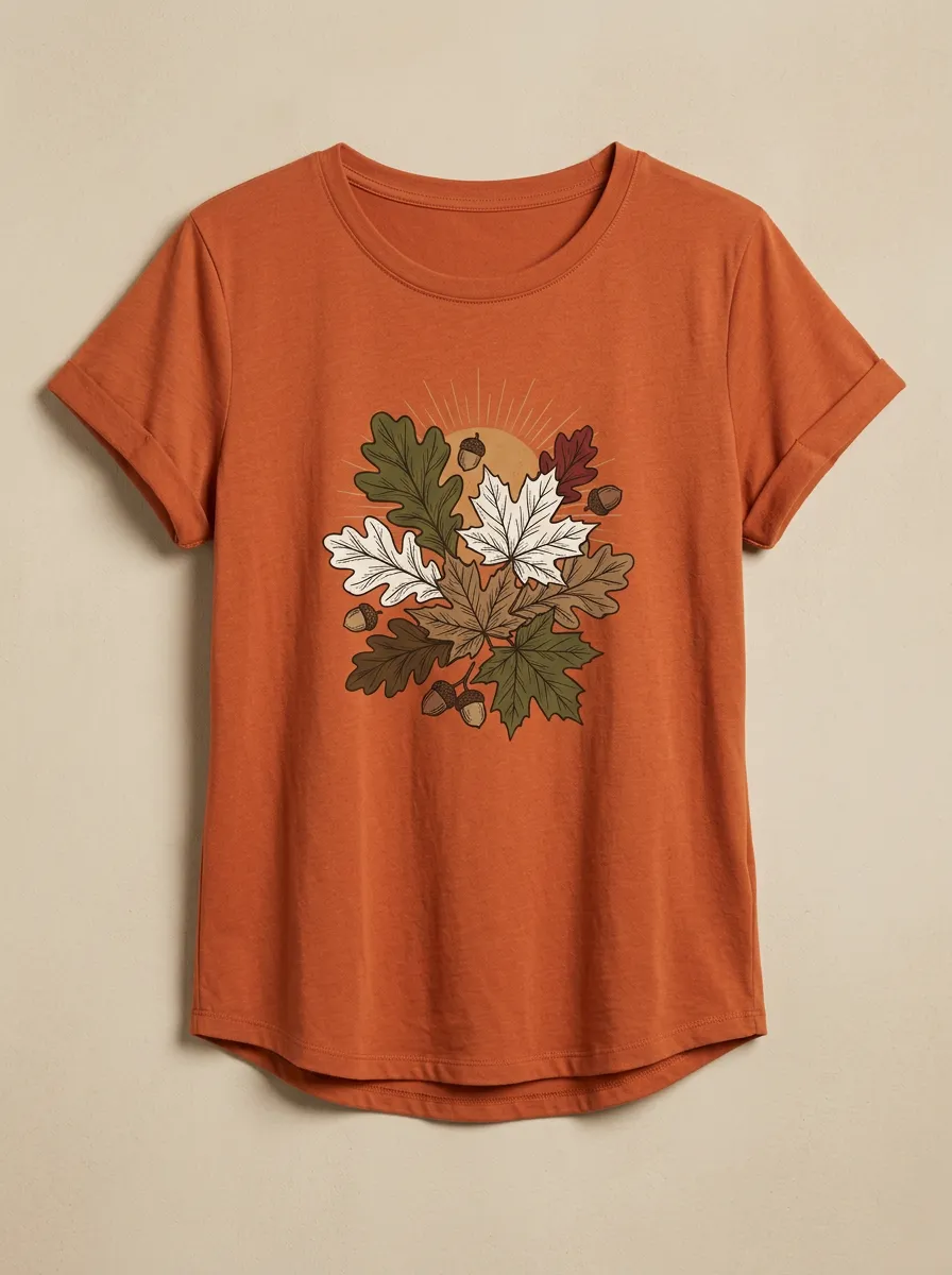 Botanical Maple Leaf Acorn Printed Women's Graphic T-Shirt