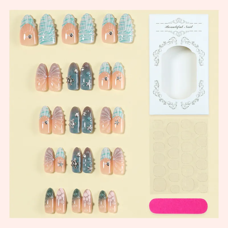 Nailhour 30Pcs 3D Seashell Starfish Medium Almond Press On Nails