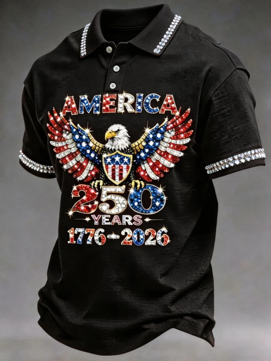 American 250th Anniversary Rhinestone Design Men's Polo Shirt