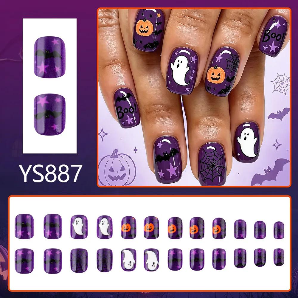 Nailhour 24Pcs Purple Square Pumpkin Ghost Halloween Press On Nails