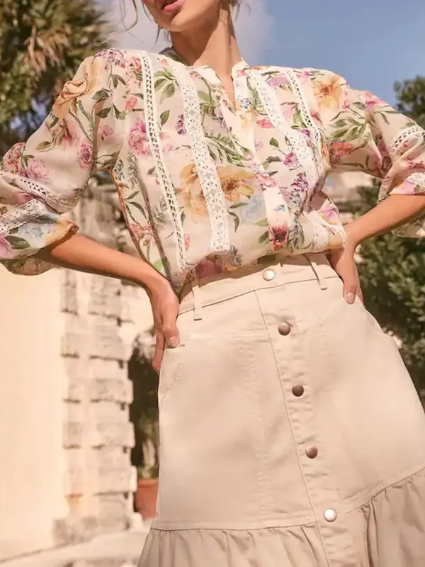 White Floral Decorative Collar Shirt