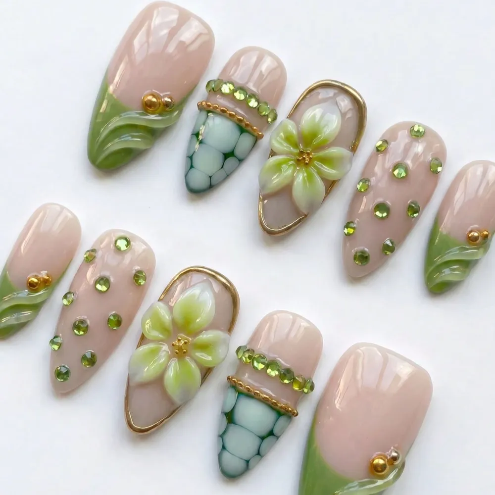 Nailhour 10Pcs Green Floral Handmade Medium Almond 3D French Press On Nails
