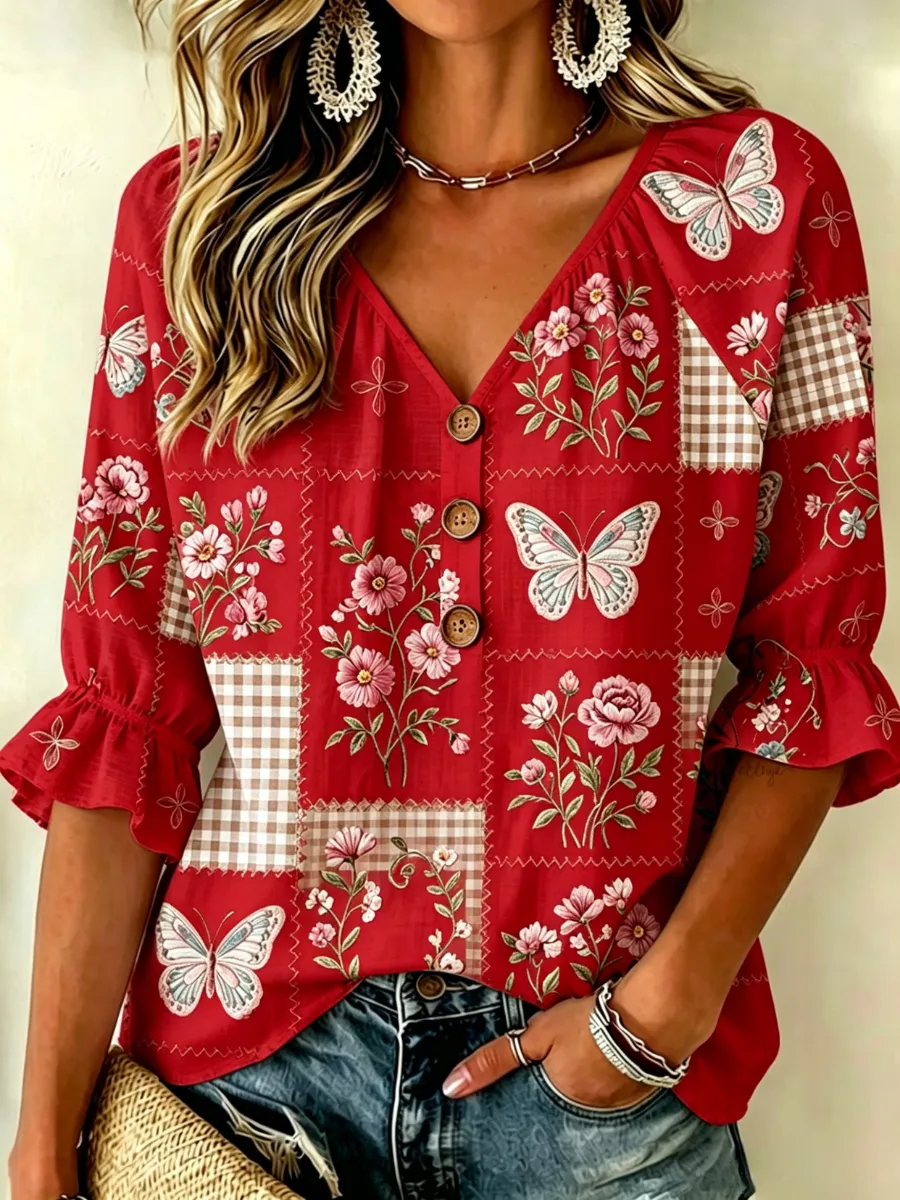 Women'S Floral Cotton Linen Shirt