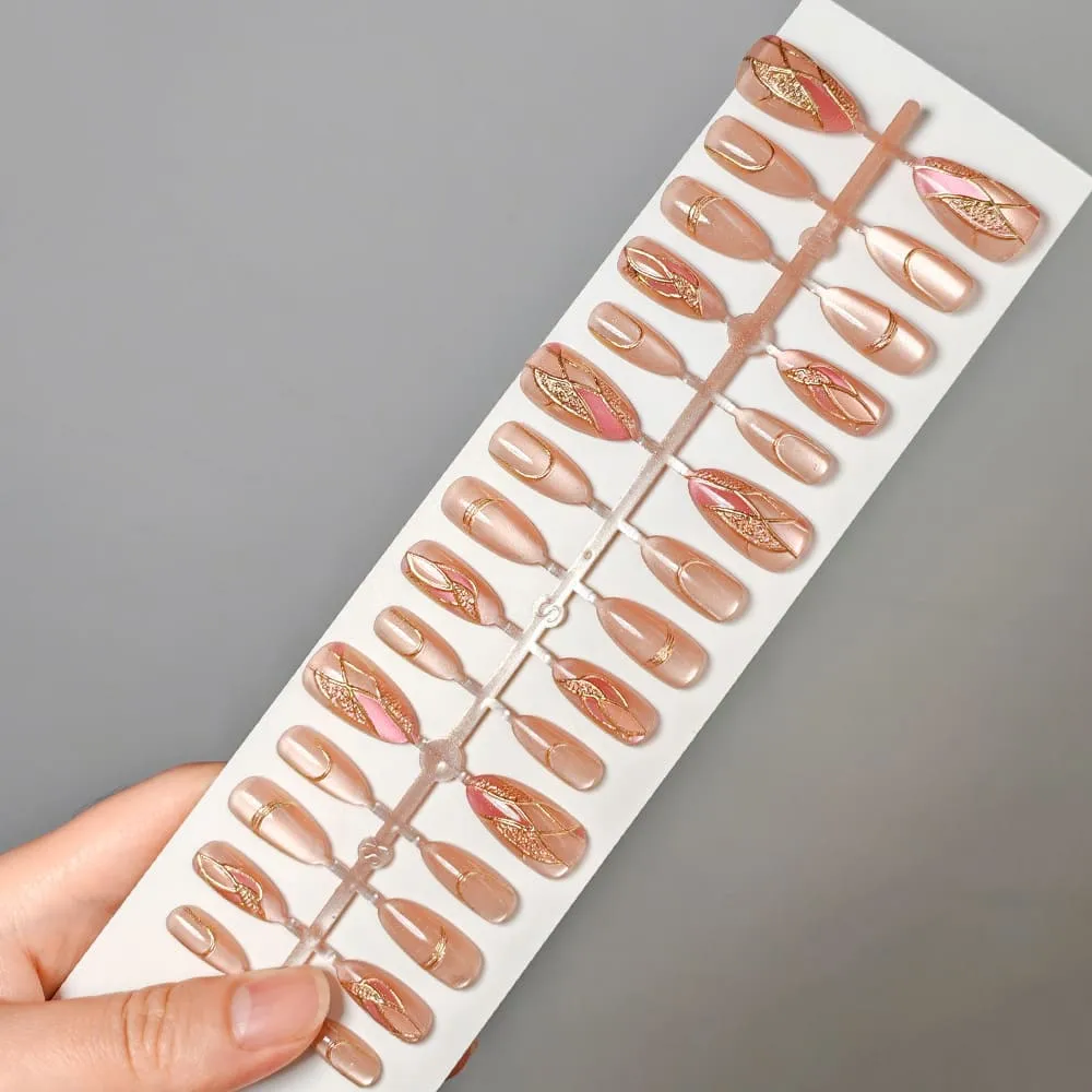 Nailhour 30Pcs Cat Eye Nude 3D Medium Almond French Press On Nails