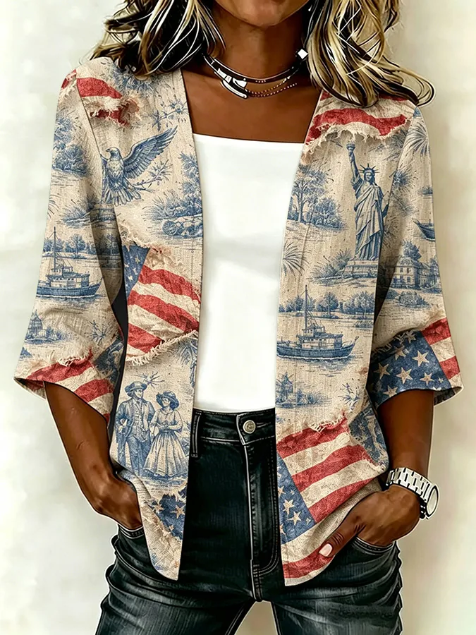 Women'S Casual Loose Independence Day Patriotic Cardigan