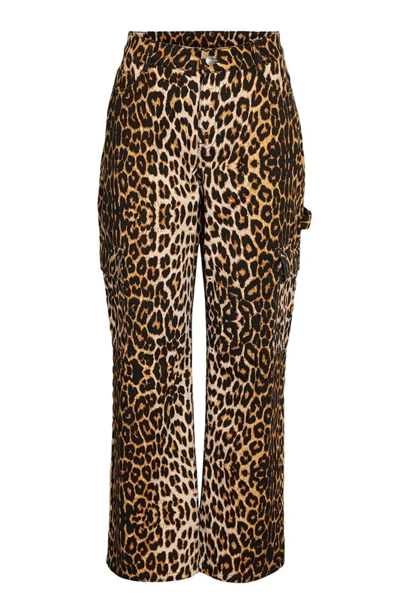 Pocket Detailed Leopard Print Cargo Jeans