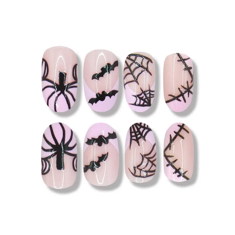 Nailhour 24Pcs Halloween Short Oval Pink French Spiderweb Press On Nails