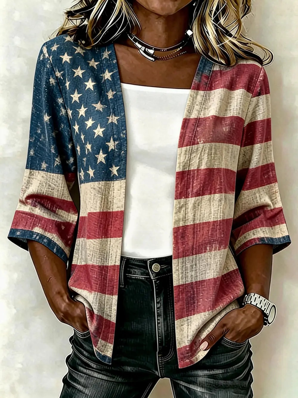 Women'S Casual Loose Independence Day Patriotic Cardigan