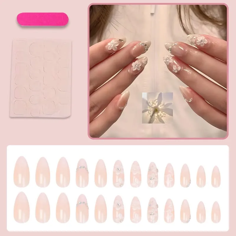 Nailhour 24Pcs Emboss Floral 3D Medium Almond French Press On Nails