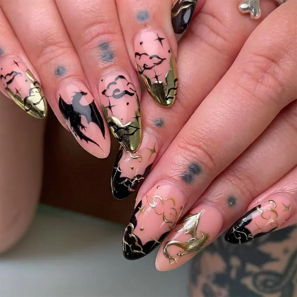 Nailhour 24Pcs Gothic Black Dark Punk Style Gilded Short Almond Press On Nails