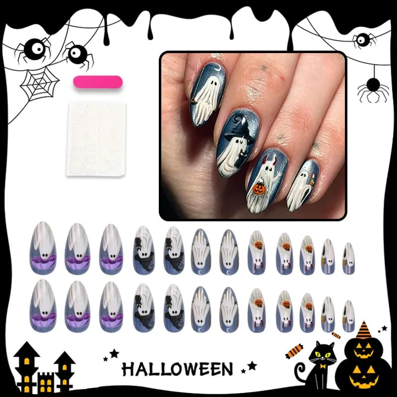 Nailhour 24Pcs Halloween Medium Almond Blue Ghost Press On Nails