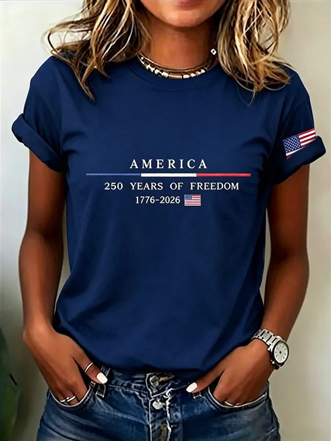 Embroidered Printed Round Neck Short Sleeved T-Shirt Commemorating The 250Th Anniversary Of The United States