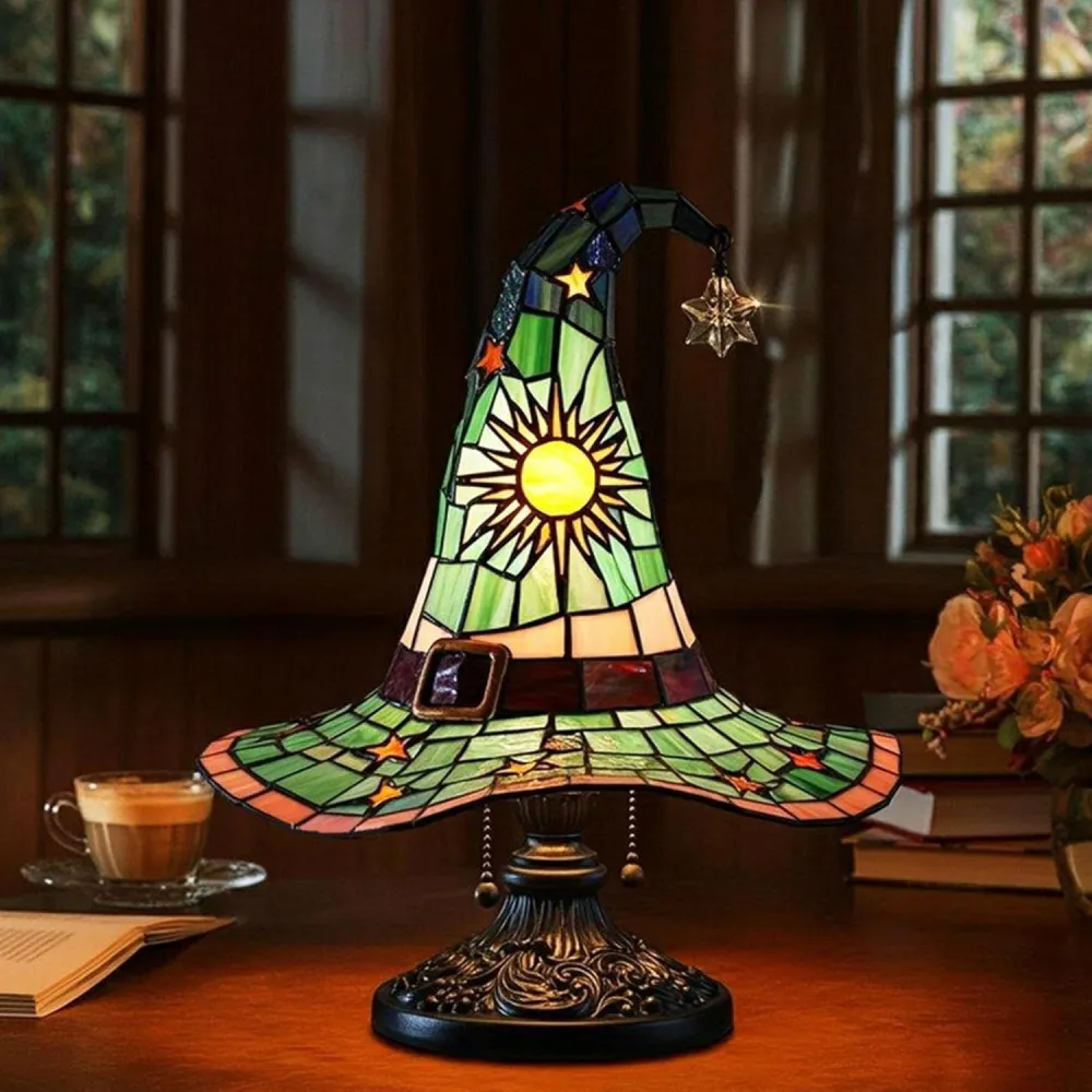 Halloween Witch Hat Lamps Resin Decorative USB Plug Light Ornament（11*8*18cm）