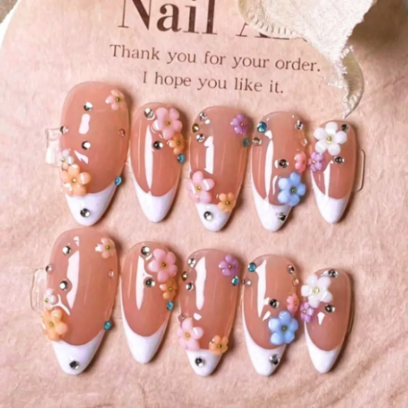 Nailhour 30Pcs French Floral Medium Almond Press On Nails