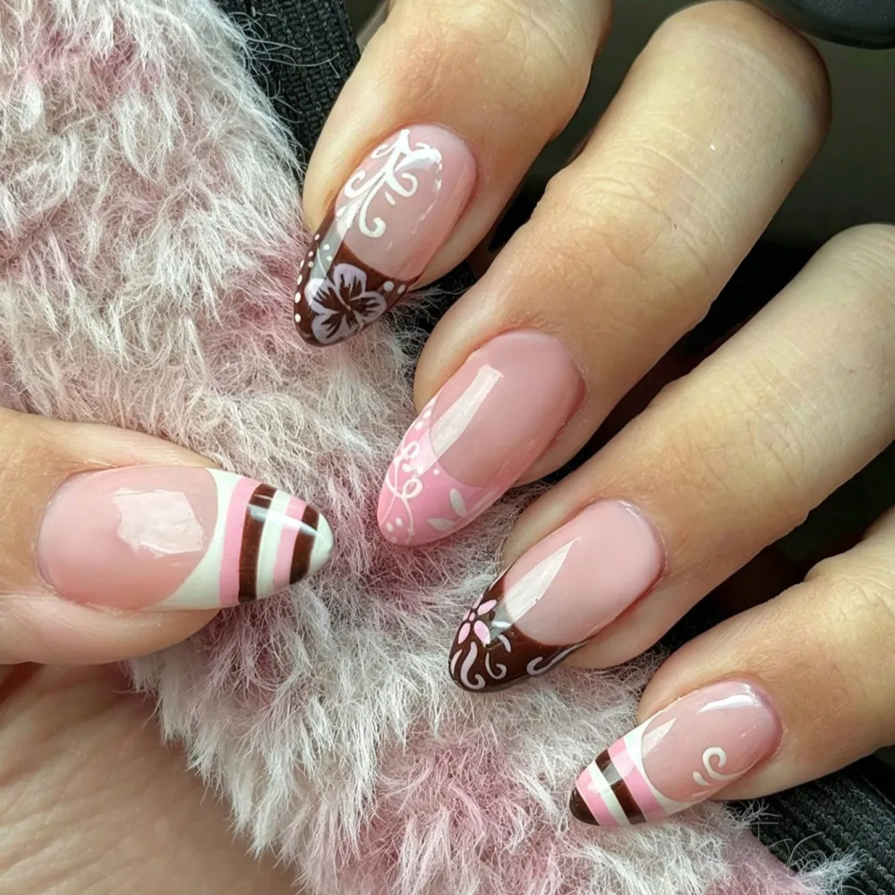 Nailhour Pink 24Pcs French Pink Striped Almond Press On Nails