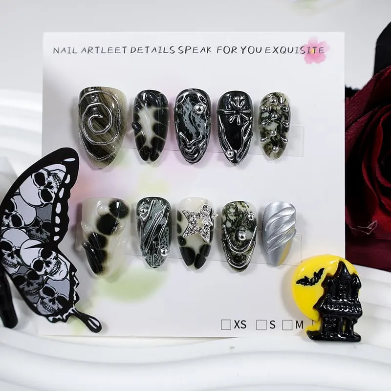 Nailhour 30Pcs Dark 3D Medium Almond French Gilded Press On Nails