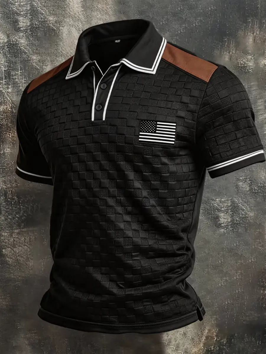 Men's Retro Textured Color-Blocked Polo Collar Short Sleeves