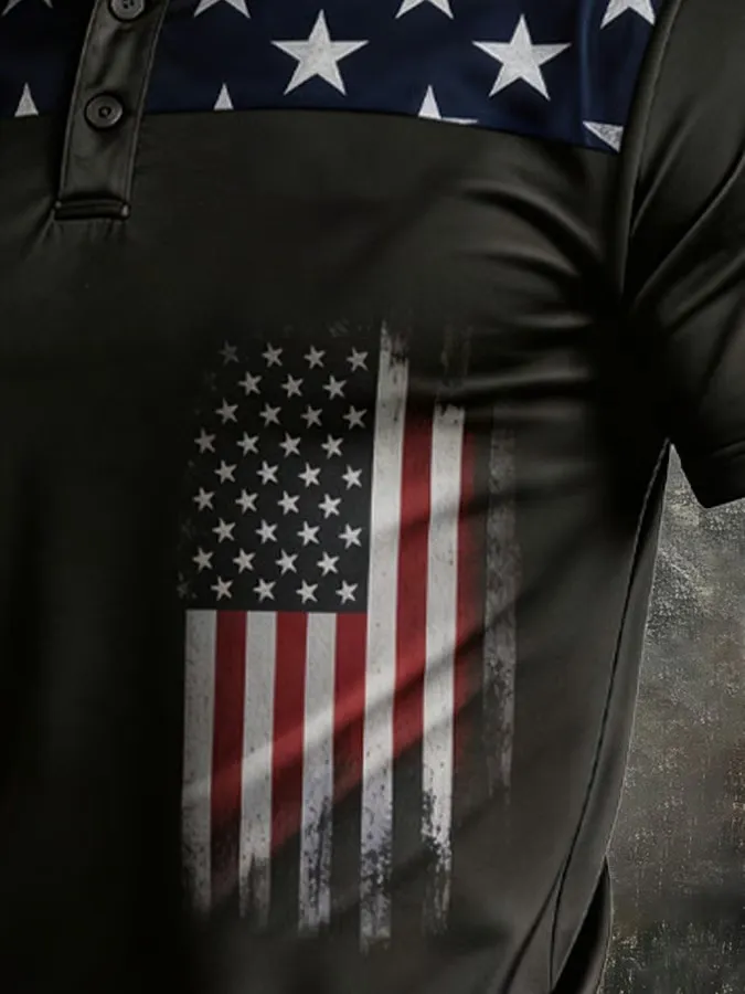 Men's Retro Patriotic Color Block Short Sleeved Lapel Shirt