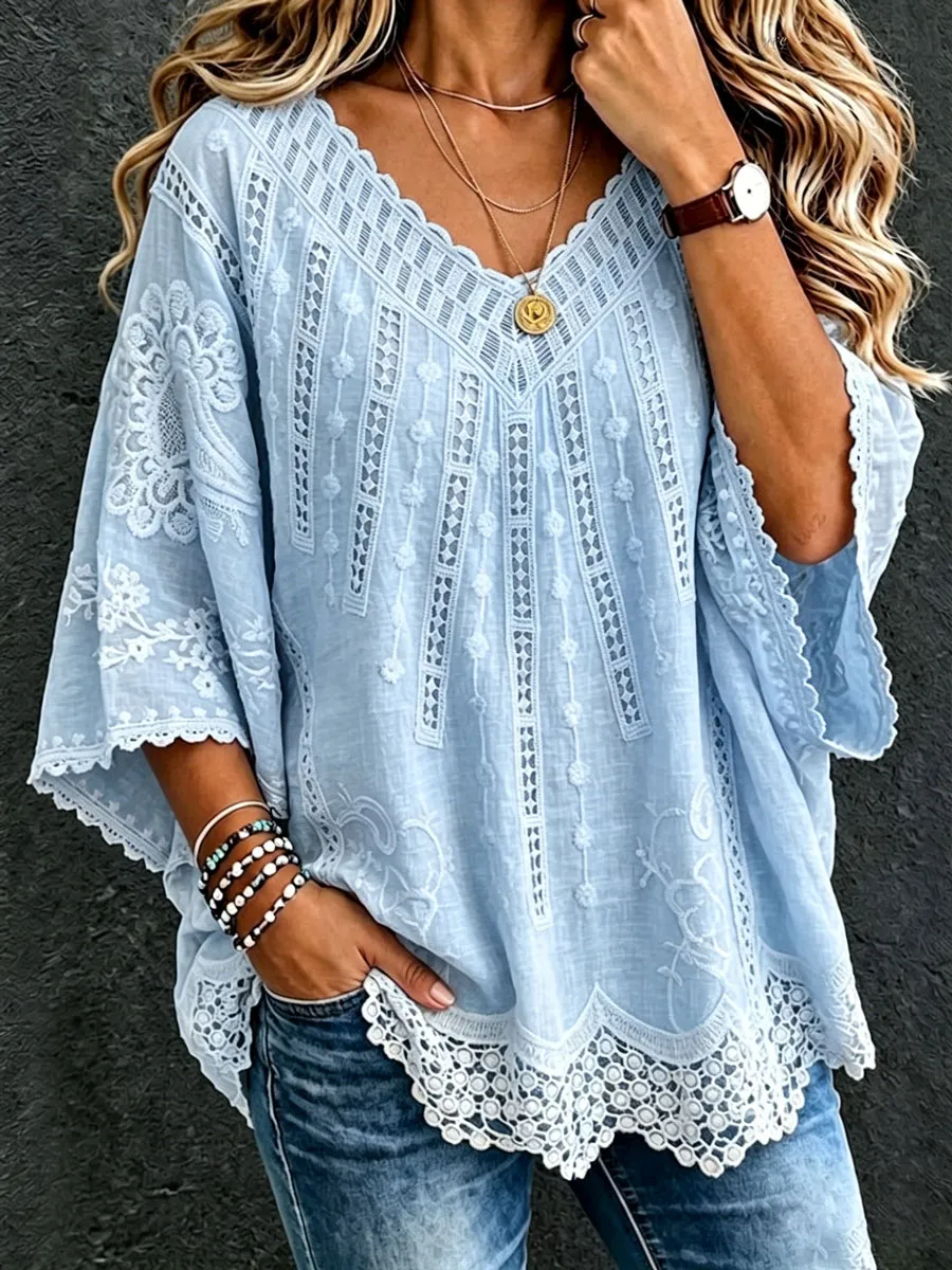 Women'S Cotton And Linen Floral Casual Vacation Top