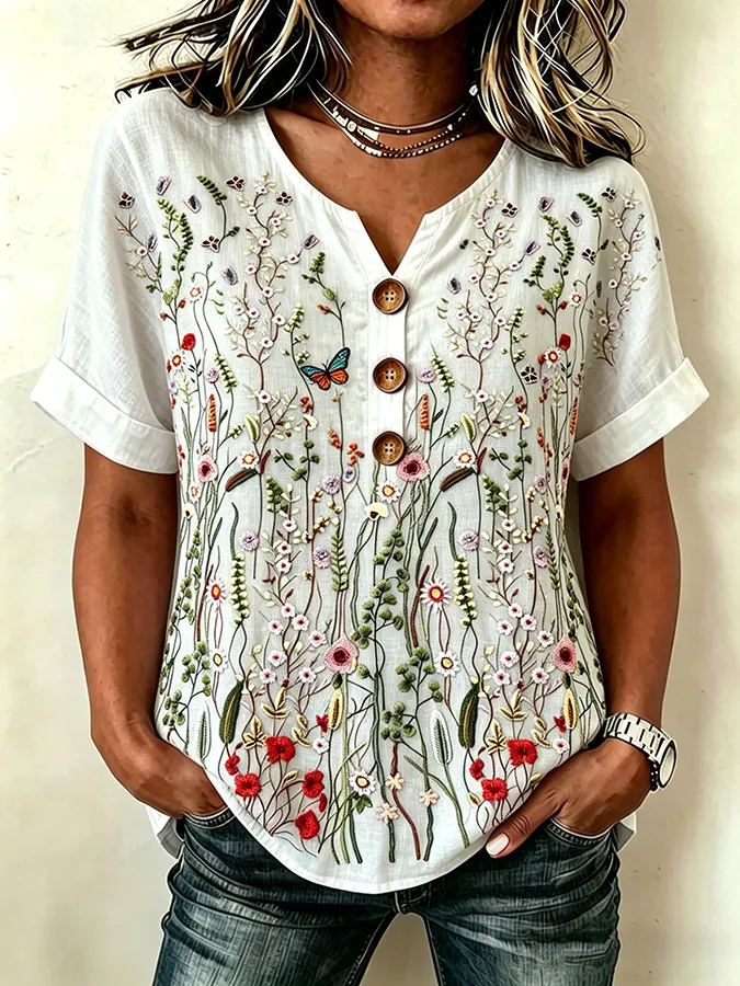 Women's casual floral cotton and linen top
