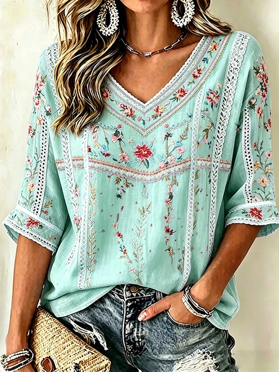 Women's Floral Embroidered Lace Trim V-Neck Blouse
