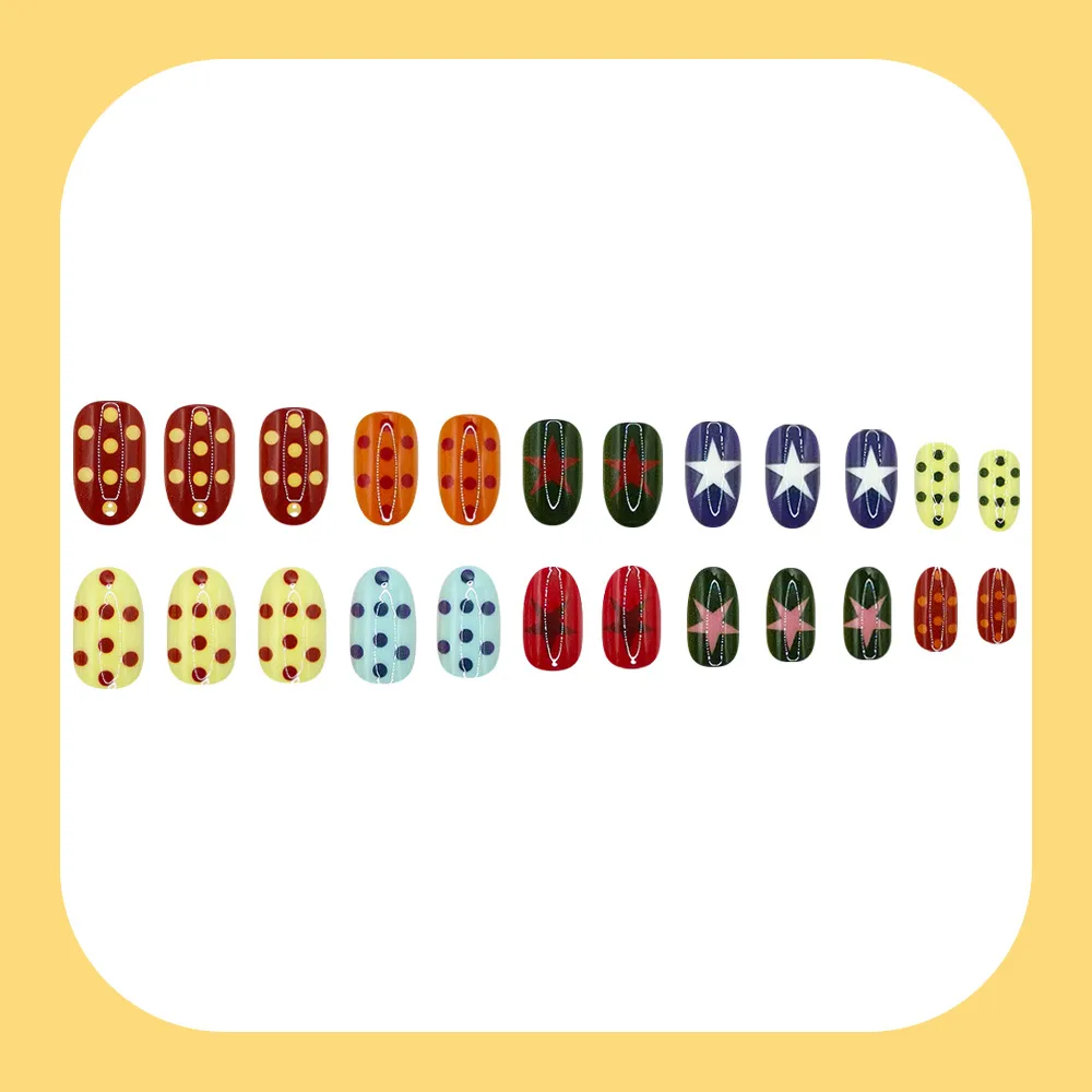 Nailhour 24pcs Short Oval Multicolor Polka Dot & Star Design Press On Nails