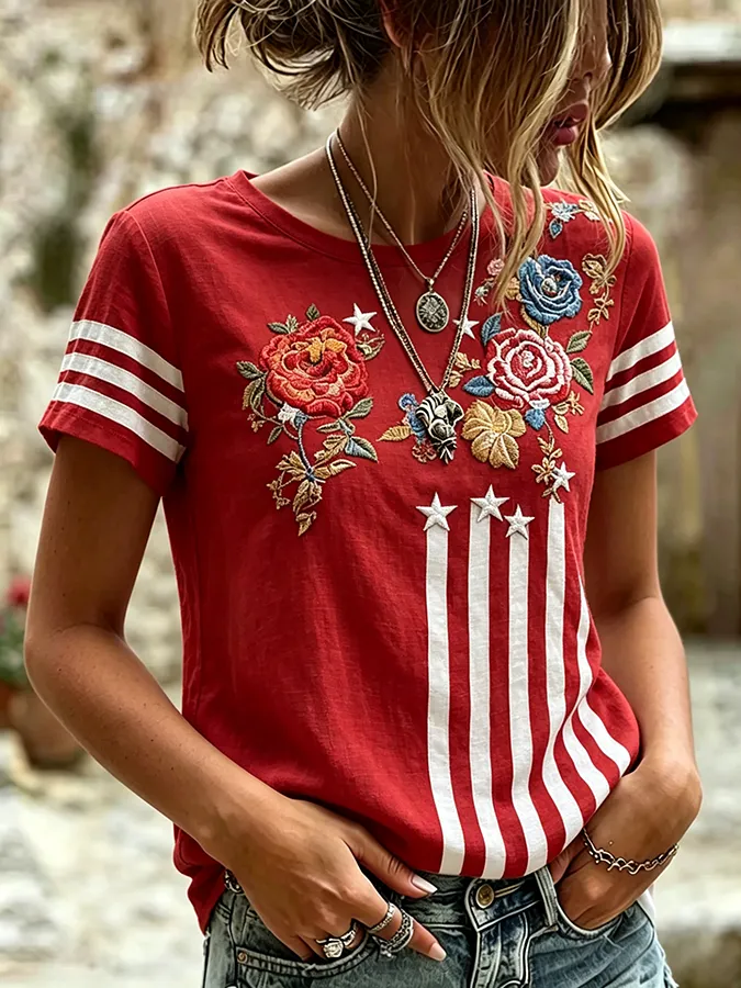 Ladies' Casual American Star Striped Floral Personalized Printed Round Neck Short Sleeved T-Shirt