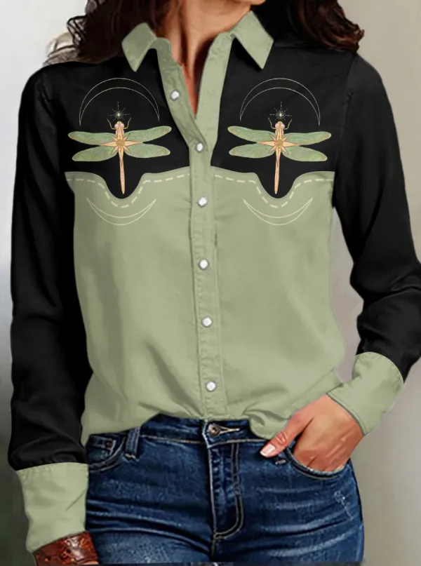 Women's Line Dragonfly Print Western Long Sleeve Shirt