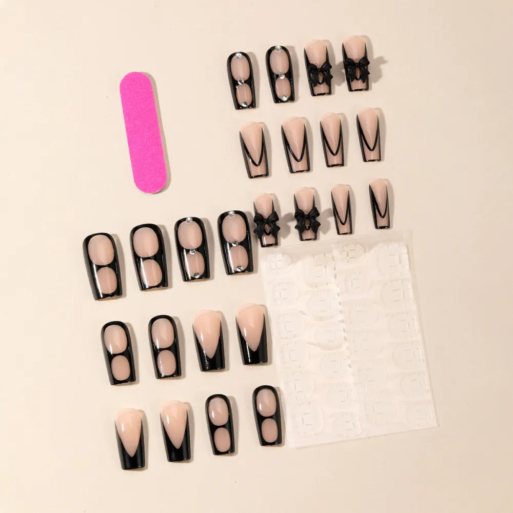 Nailhour Black Party French Bow Square 24Pcs Press On Nails