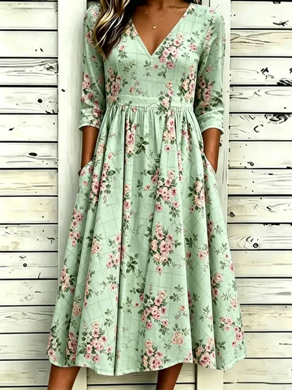 Women'S Cotton And Linen Casual Printed Dress