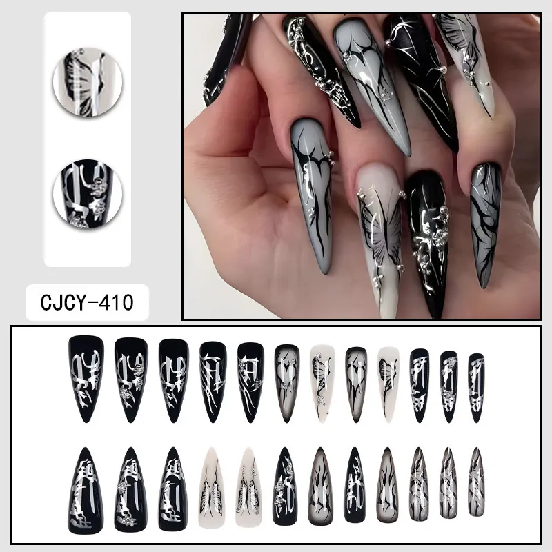 Nailhour 24Pcs Gothic Halloween Party Long Stiletto Press On Nails
