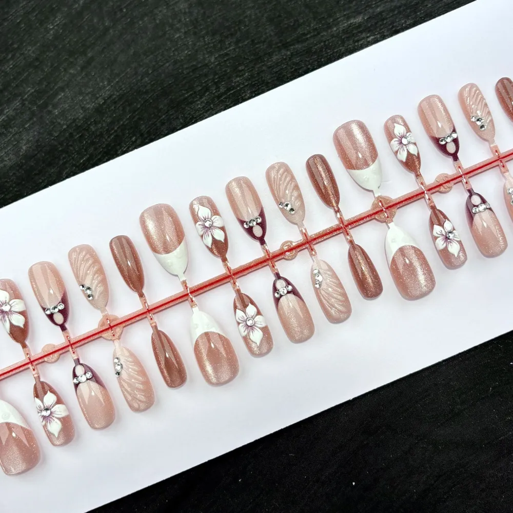 Nailhour 30Pcs Floral 3D Medium Almond French Press On Nails